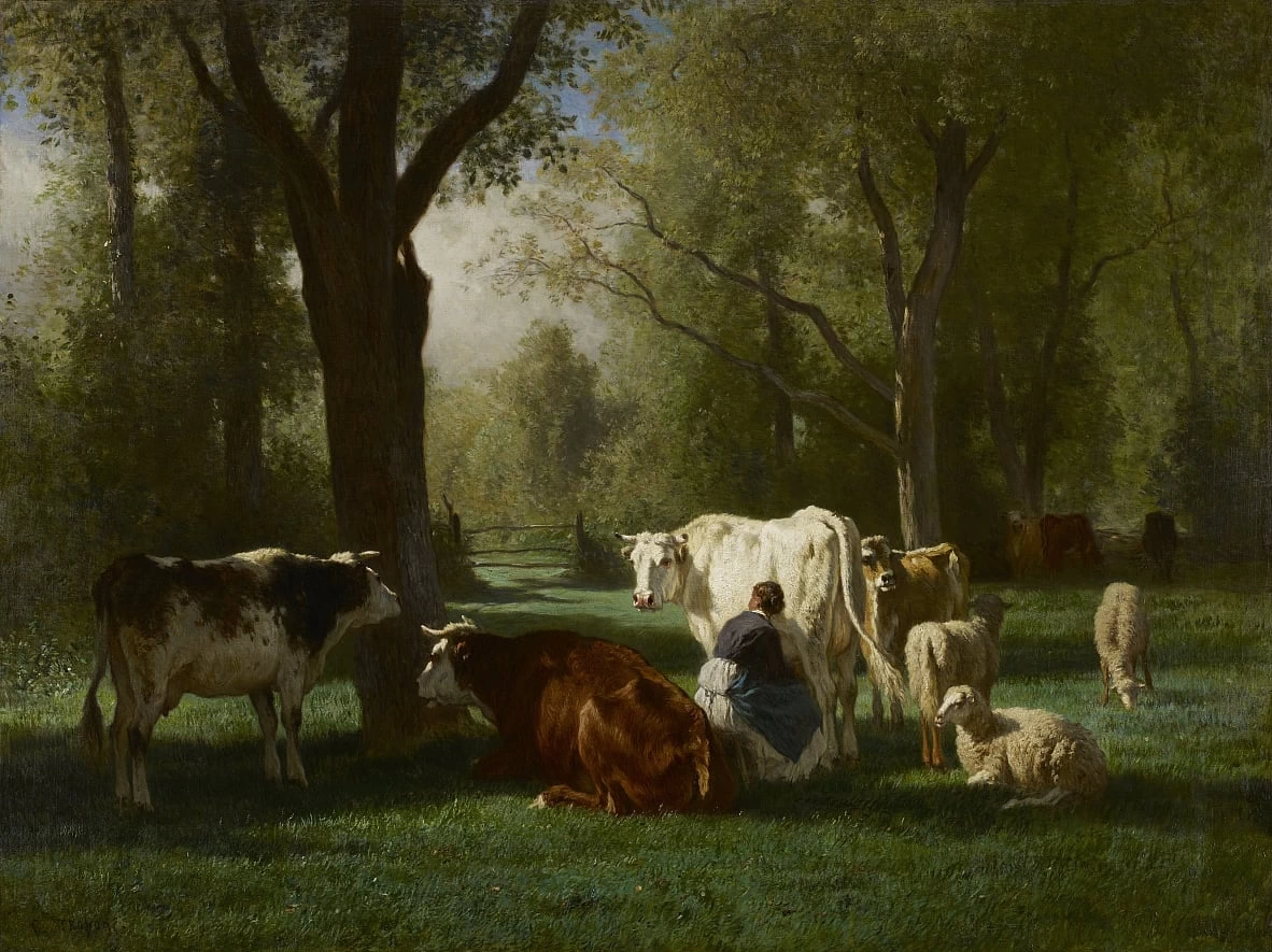 Paesaggio con bovini e pecore
